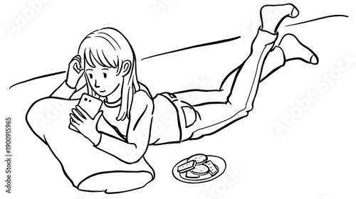 スマホを見ながら寝そべっている女性　線画