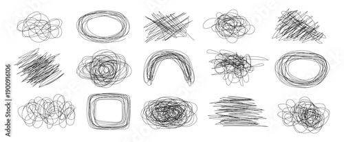 Collection of 15 hand-drawn, messy pen scratch and scribble elements in various shapes like circles, ovals, and clouds, rendered in a raw black ink style
