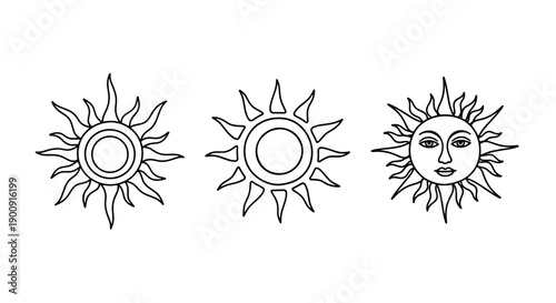 Sun icons set with celestial symbols and human face line art