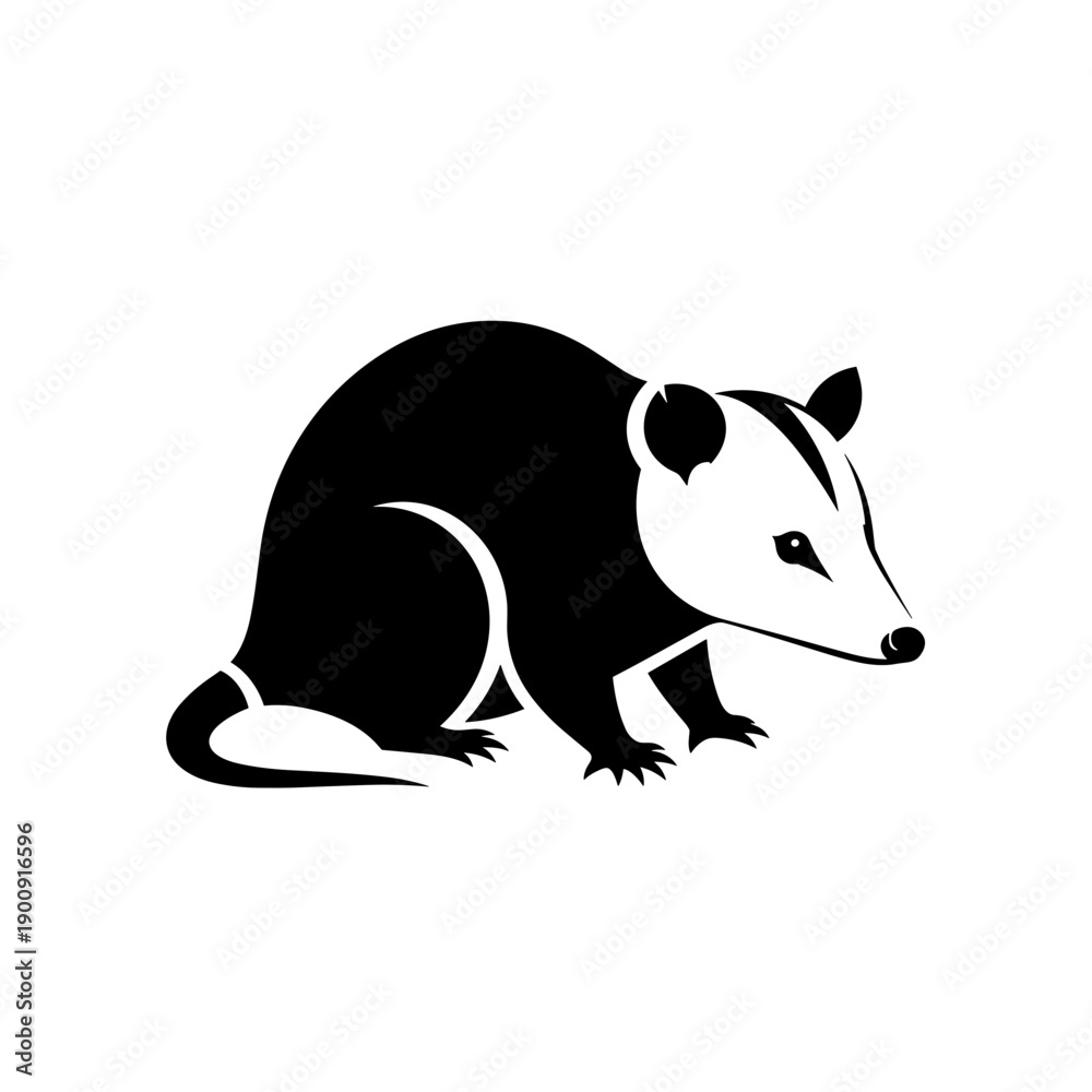 Fototapeta premium Sitting opossum silhouette in black and white