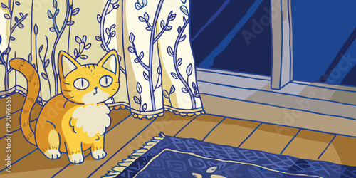Stylish yellow cat in a striped hat illustration with a contemplative side glance