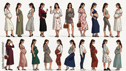 Vector collection of pregnant woman characters in fashion dresses standing in side view. Set of expecting mothers isolated on white background. Maternity illustration bundle.