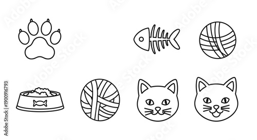Collection of Various Cat Heads and Pet Care Symbols