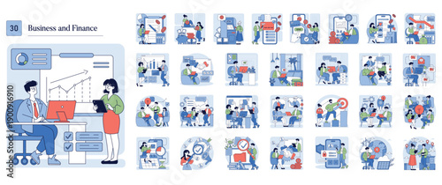 Business Meeting and Data Analysis Vector Illustration