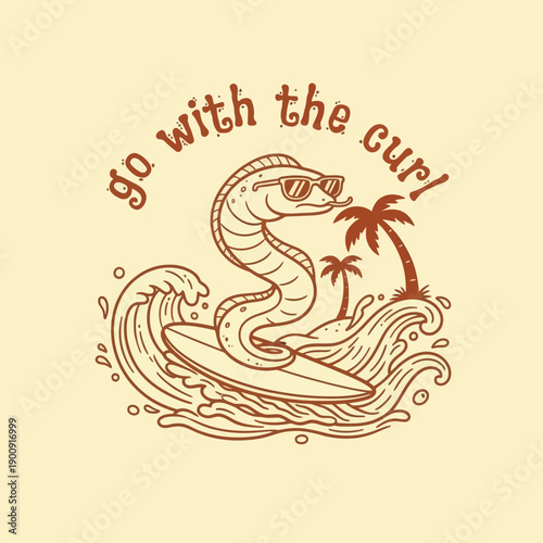 Cool Snake Surfing on a Wave with Sunglasses and Palm Trees.