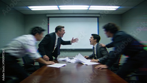 Intense business meeting in a boardroom, suited men argue across a conference table with motion blur, workplace conflict and crisis negotiation mood, corporate leadership stress