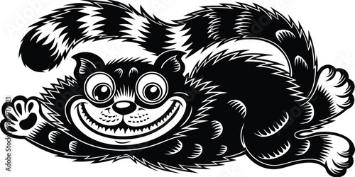 Striking Black and White Illustration of a Mysterious Cat with Intense Watchful Eyes