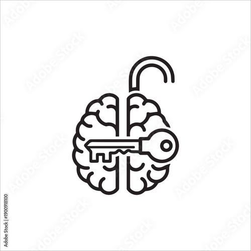 A black and white illustration of a brain with a key and padlock symbolizing knowledge and security