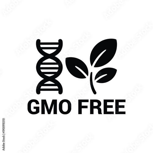 GMO free logo with DNA helix and leaf symbol on white background