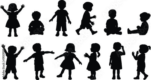 Kids silhouette vector set, children playing and standing poses, black and white toddler boy girl icons collection