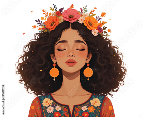 Woman with floral crown illustration, eyes closed portrait. calm, self care, mindfulness, beauty, and emotional wellbeing.