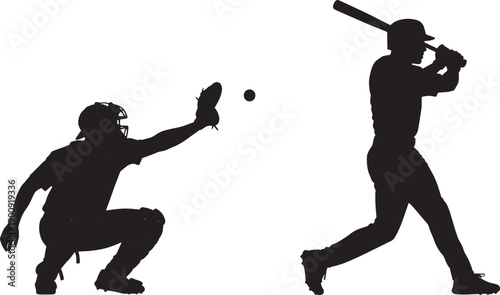 Baseball players in silhouette, a batter swinging at a pitch and a catcher ready to catch the ball, isolated on a white background