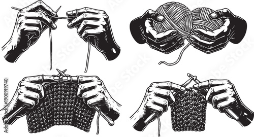 Detailed monochrome illustration demonstrating the intricate knitting process, with human hands skillfully manipulating yarn and needles to craft unique handmade textile