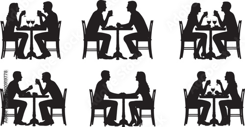 Silhouette collection showcasing diverse romantic and social interactions between couples dining together, illustrating various stages of connection and communication in a restaurant setting