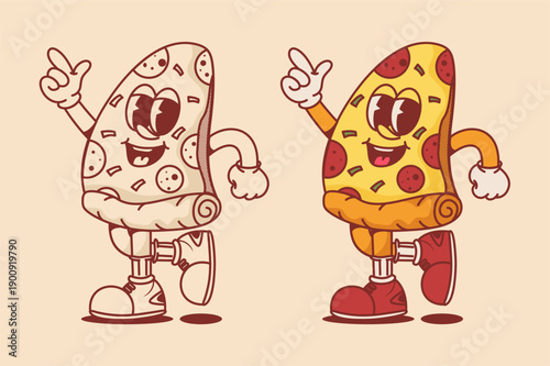 retro pizza slice mascot character in vintage cartoon style. perfect design for t-shirt apparel, poster, fast food logo, and streetwear sticker with halftone texture