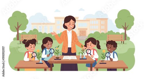 Teacher guiding students in a classroom setting with plants on tables, promoting education and growth in a serene environment