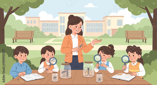 Teacher guiding students in outdoor classroom setting examining specimens with magnifying glasses