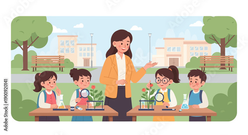 Students and teacher engaging in a science experiment outdoors near educational buildings with plants on their desks in a serene natural setting
