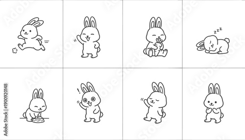 vector rabbit emoticon set, line art, black and white, for social media, chat, or sticker design, Isolated on transparent background, png