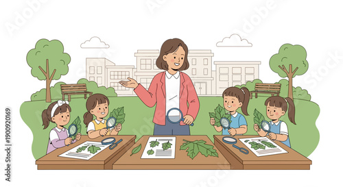 Teacher guiding children in outdoor educational activity examining plants with magnifying glasses in a park setting