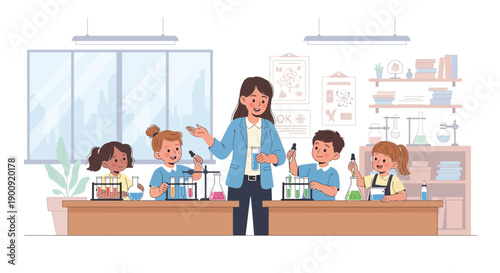 Teacher guiding students in a science experiment in a classroom with equipment and materials on the tables