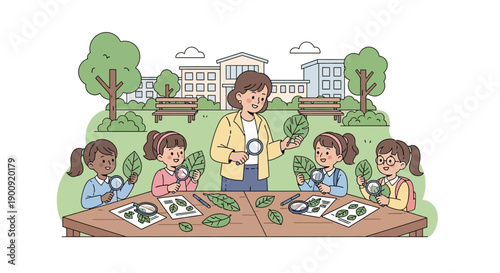 Teacher guiding students in examining plants in a school garden setting with magnifying glasses