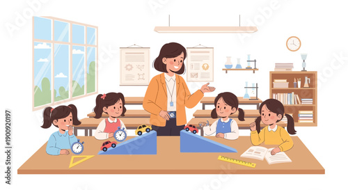 Teacher guiding young students in a classroom with educational materials and activities on their desks
