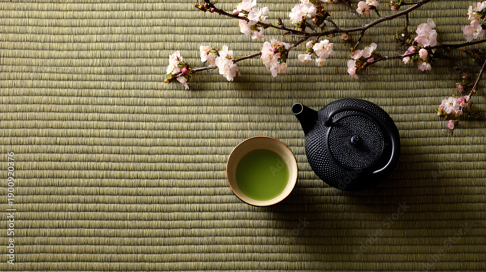 Naklejka premium Japanese Zen Flat Lay with Matcha Tea and Sakura on Tatami 