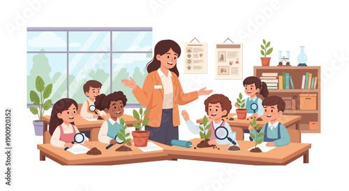 Teacher guiding students in a classroom environment observing plants with magnifying glasses on tables near a window with a bookshelf