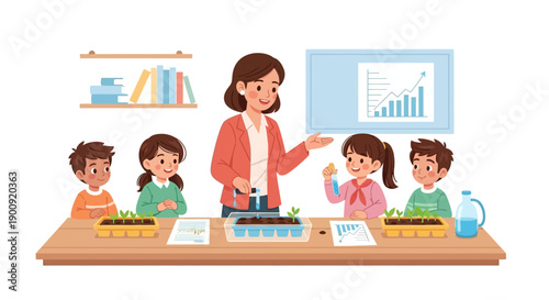 Teacher explaining data analysis to students in a classroom setting with visual aids on a projector screen