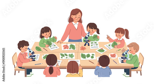 Children engaged in a crafting activity with their teacher at a table filled with art supplies from a top-down viewpoint