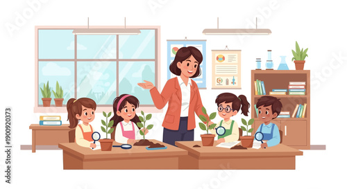 Teacher educating students about plants in a classroom setting with illustrations