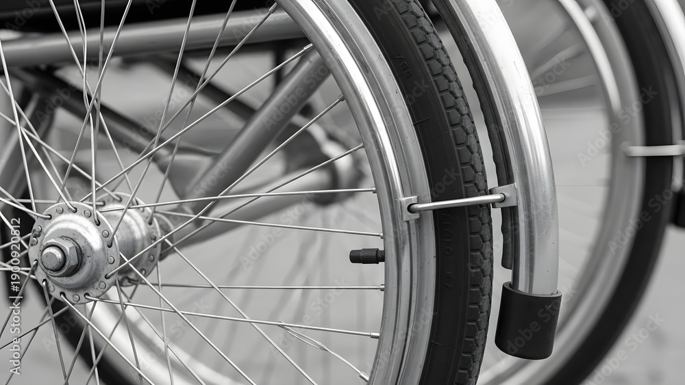 Fototapeta premium Close-up monochrome shot capturing the intricate spokes and sturdy wheels of a modern wheelchair, symbolizing independence and crucial mobility assistance