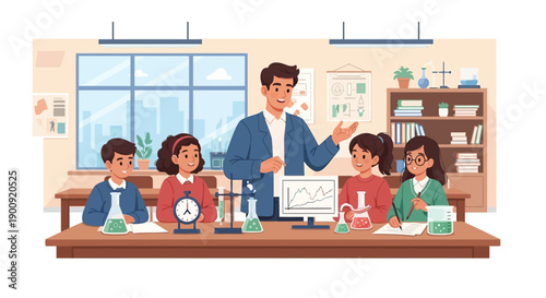 Teacher explaining science experiment to students in a classroom setting with equipment on the table