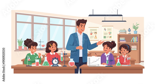 A teacher explaining a science experiment to students in a classroom setting with various equipment on the tables