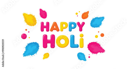Vibrant vector illustration of Happy Holi festival with colorful splashes and paint drops on a white background, conveying a joyful and celebratory mood with bright hues.