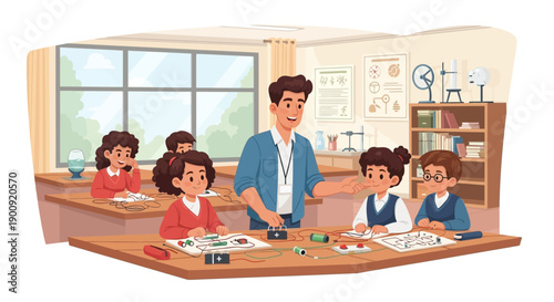 Teacher guiding students in a classroom environment during a science experiment from a front viewpoint