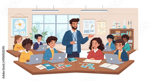 A teacher instructs students in a classroom with laptops and educational materials on desks, surrounded by visual aids on the walls.