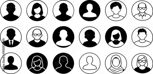 User Profile Avatar Icons Set - Black and White People Circle UI Symbols