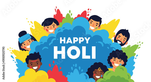Vector illustration of diverse faces surrounded by colorful paint splatters with 'Happy Holi' text in a vibrant and festive graphic design.