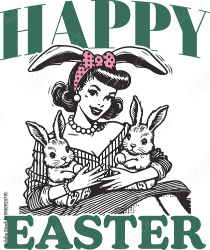 Happy Easter Vintage Illustration of Mother Bunny Reading Book to Baby Rabbits Retro Hand Drawn Line Art for Holiday T Shirts Prints Stickers Cards Spring Christian Family Design