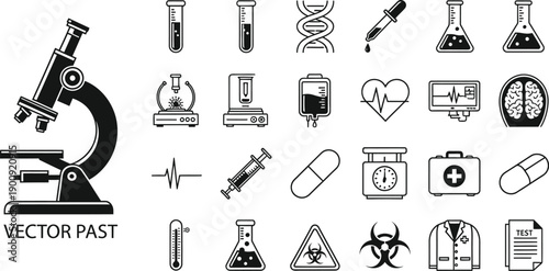 Science and Medical Research Icons: Microscope, DNA, Lab, Health