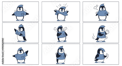 9 Blue Penguin Cartoon Characters Posing with Different Emotions and Gestures, for Presentation or Website, Isolated on Transparent Background, PNG