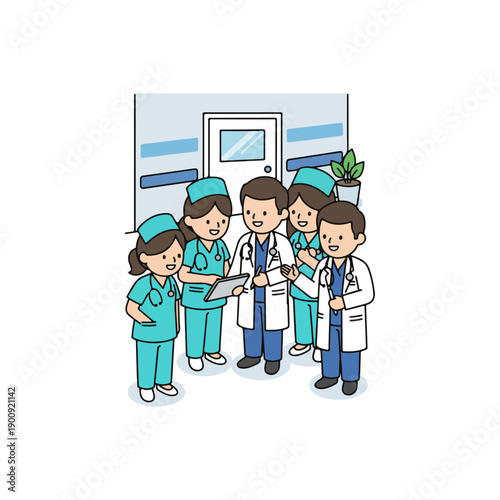 Diverse group of medical professionals collaborating in a hospital setting.