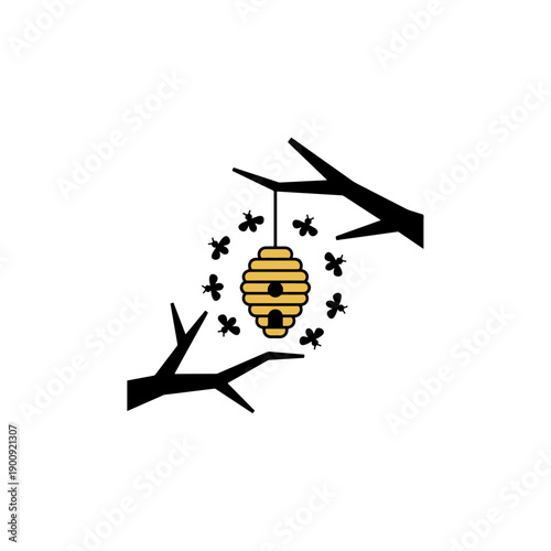 Beehive Hanging from Tree Branches with Bees.