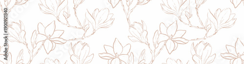 Seamless pattern with elegant Magnolia in Brush ink Line Art style