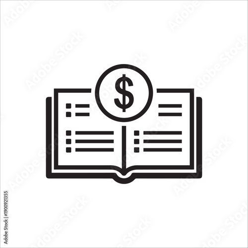 A simple black and white icon of an open book with a dollar sign on top, symbolizing financial education or budgeting.