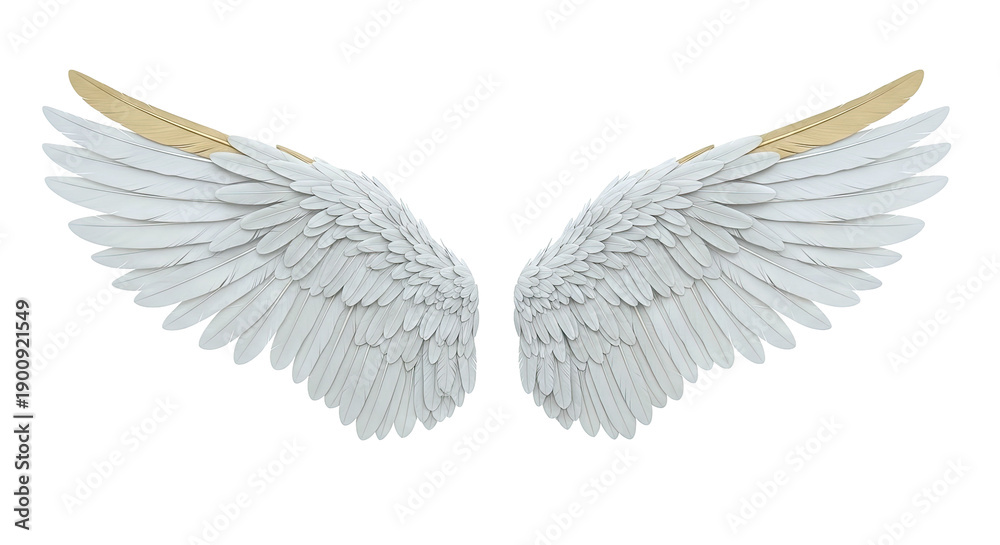 Obraz premium Pair of white angel wings with gold tips on a white background