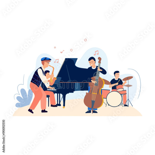 Jazz band performing live with piano, saxophone, double bass, and drums.