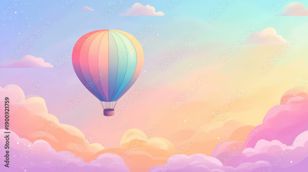 Fototapeta premium Dreamy pastel hot air balloon floating in magical cotton candy sky background with place for text